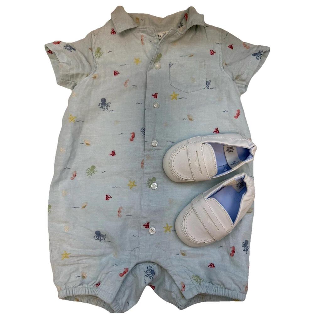 Janie and Jack Baby Sea Life Linen Cotton Romper Size 6-12 Months Blue Crib Shoe